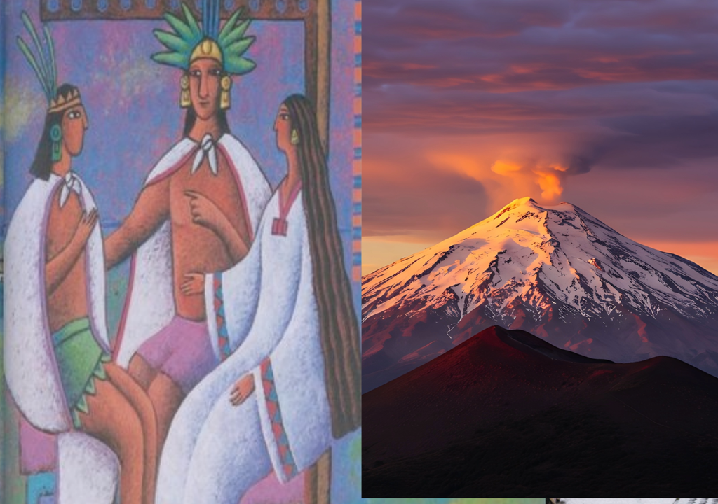 Popocatépetl e Iztaccíhuatl comprometidos. Arte del libro infantil elaborado por el Conaliteg SEP, 2002.