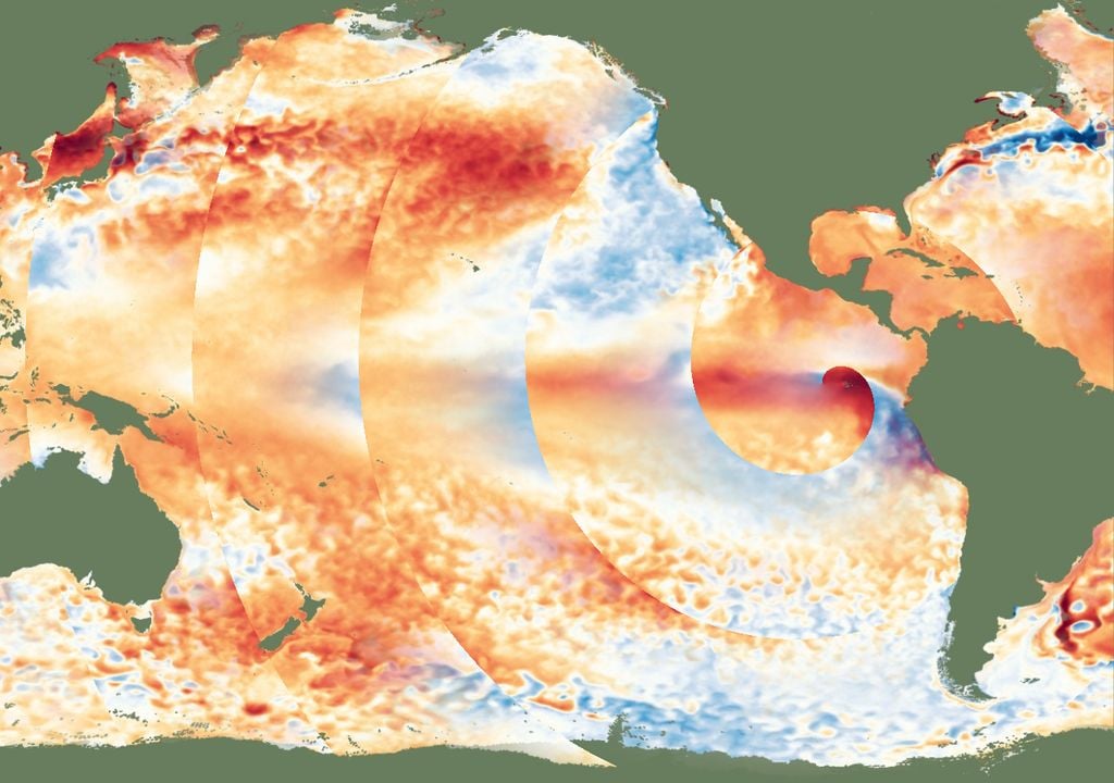 imagen que proyecta anomalías positivas y negativas de temperatura superficial del mar