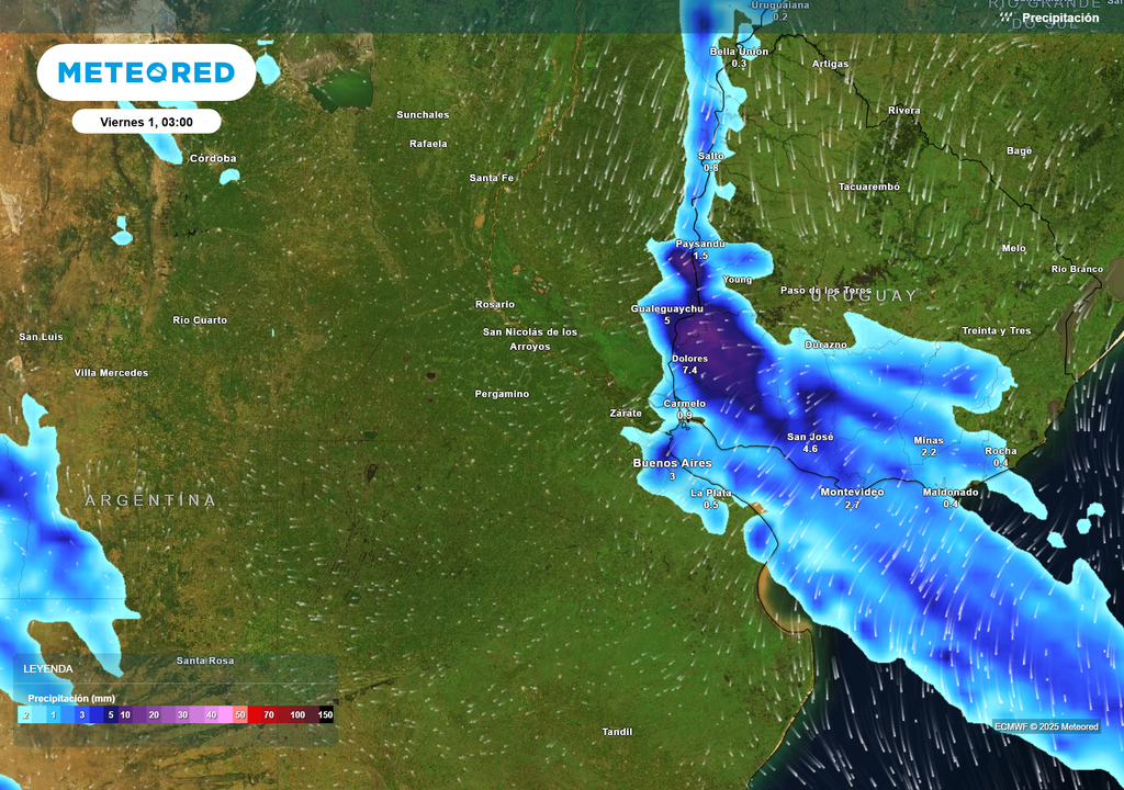 Precipitación acumulada según el modelo ECMWF el viernes 1 de Agosto de 2025 a las 3 h en Buenos Aires