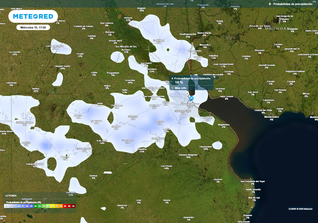 Buenos Aires AMBA lluvia pronóstico tiempo clima Probabilidades muy bajas de precipitación en el AMBA para el miércoles 10 PM.