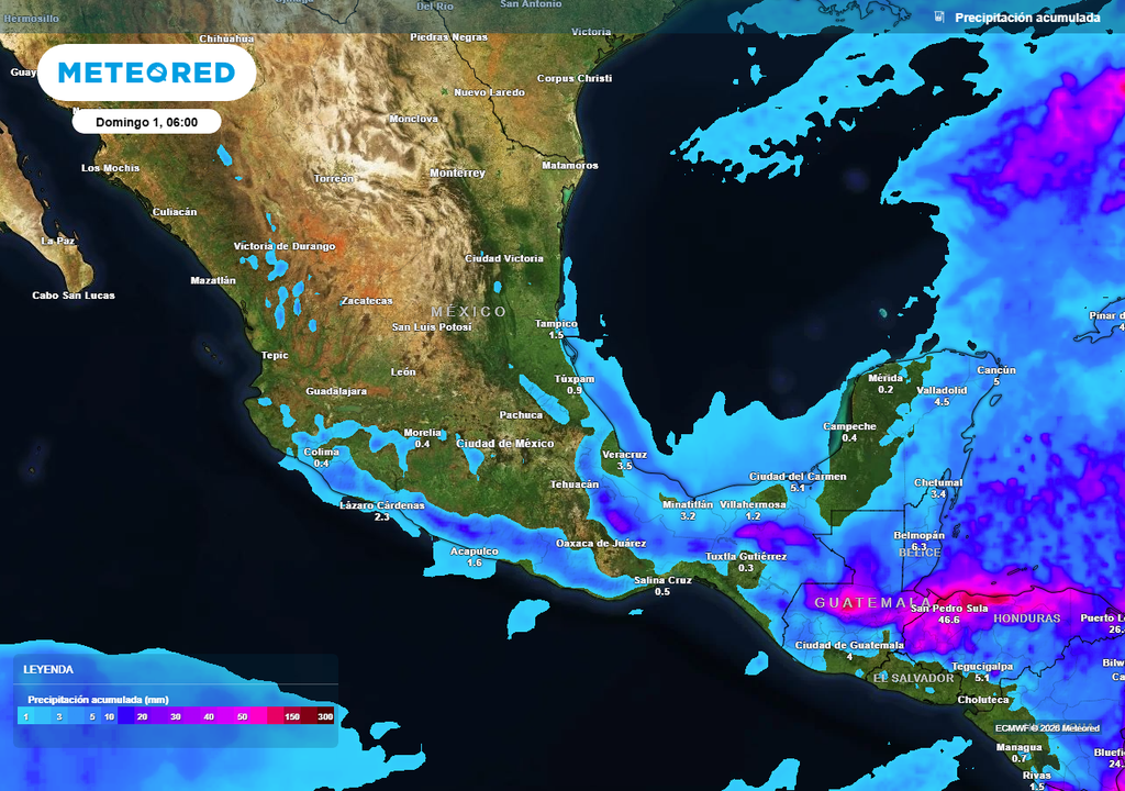 Pronóstico de lluvias acumuladas en milímetros Humedad del Caribe y Golfo de México ocasionarán lluvias en el sureste y región del Istmo, al sur del Golfo de México, así como estados costeros del Pacífico con 20-50 mm.
