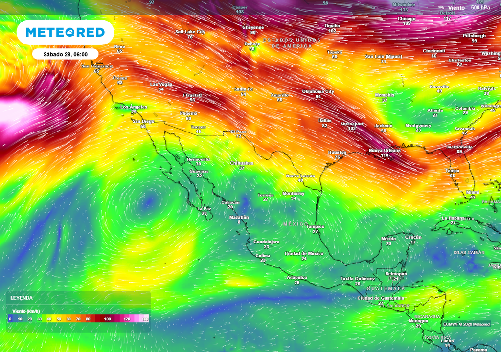 Pronóstico de viento a 5.5 km de altitud en km/h Anticiclón estaría posicionado frente al noroeste, extendiendo su influencia sobre el norte con ambiente más caluroso, permitiendo humedad en la región sureste.