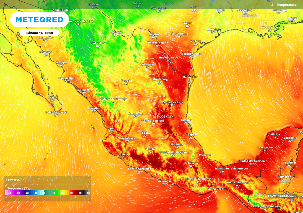 Aunque el calor será lo relevante con más de 35 °C en la mitad sur y oriente, se prevé el fin de semana pueda llegar aire polar a refrescar.