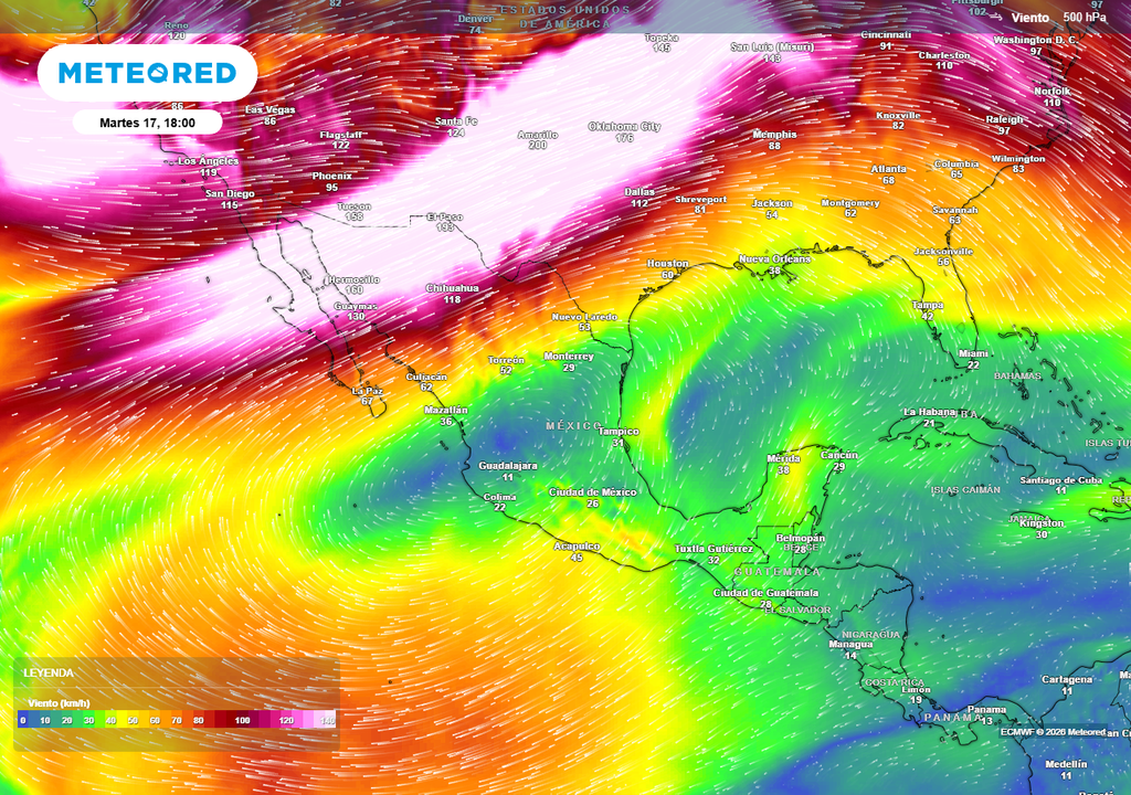 Pronóstico de viento a 5.5 km de altitud Sobre el país, un anticiclón estaría dominando, interactuando con efecto Föhn, produciendo intenso calor superior a 35-40 °C en varios estados.