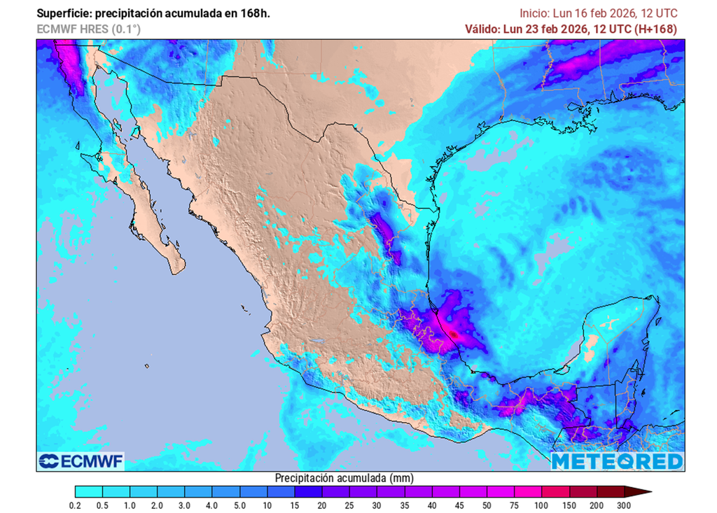 Pronóstico de lluvias acumuladas en milímetros. Hacia el fin de semana, las lluvias aumentarán en el Golfo de México por el paso de un nuevo frente frío, siendo probables eventos localmente torrenciales en Chiapas.