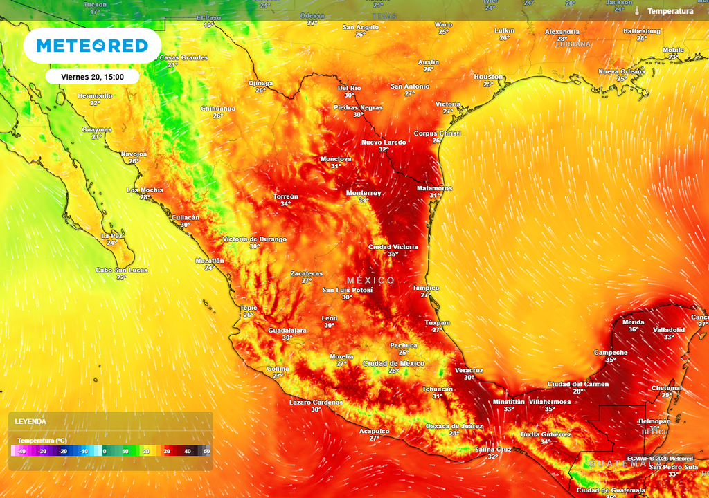 Pronóstico de temperaturas en grados Celsius De miércoles a sábado, el calor será intenso en más de la mitad del país superando 35 °C en el Golfo de México y Pacífico, mientras aire ártico se acerca al norte.