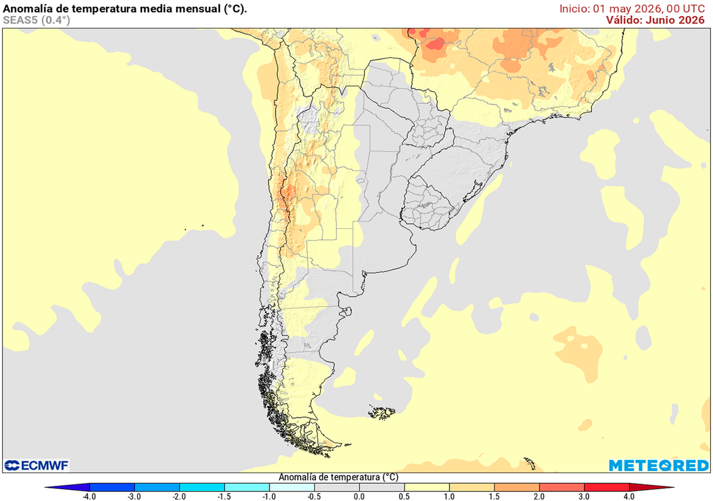 Pronóstico, Clima, Tiempo, Argentina, Junio, ECMWF, Lluvias, Temperaturas, Anomalía, NEA, NOA, Centro, Pampeana, Tendencia, Mensual, Invierno Anomalía de temperatura prevista para el mes de junio según el modelo ECMWF