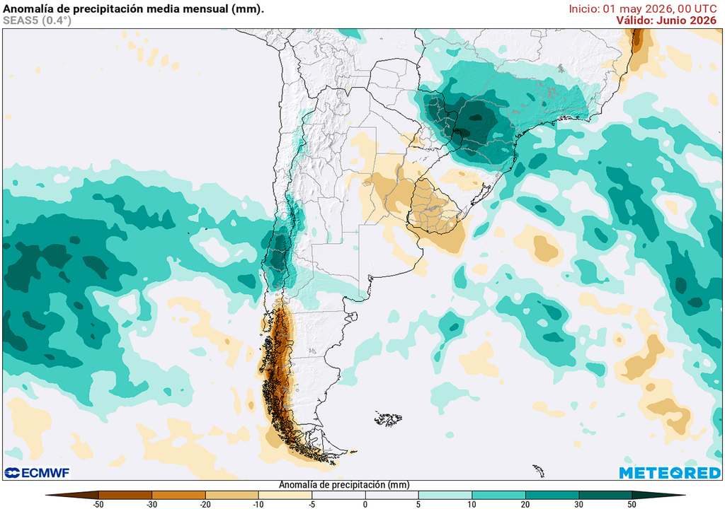 Pronóstico, Clima, Tiempo, Argentina, Junio, ECMWF, Lluvias, Temperaturas, Anomalía, NEA, NOA, Centro, Pampeana, Tendencia, Mensual, Invierno Anomalía de precipitaciones prevista para el mes de junio según el modelo ECMWF