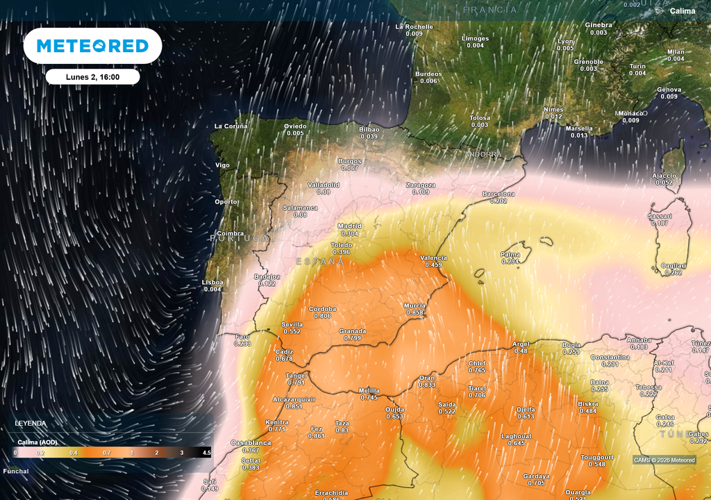 Intrusión de polvo sahariano El viento arrastrará una pluma de polvo desértico hacia nuestro territorio, tiñendo el cielo de blanco e incluso rojizo, con lluvias que vendrán acompañadas de tierra.