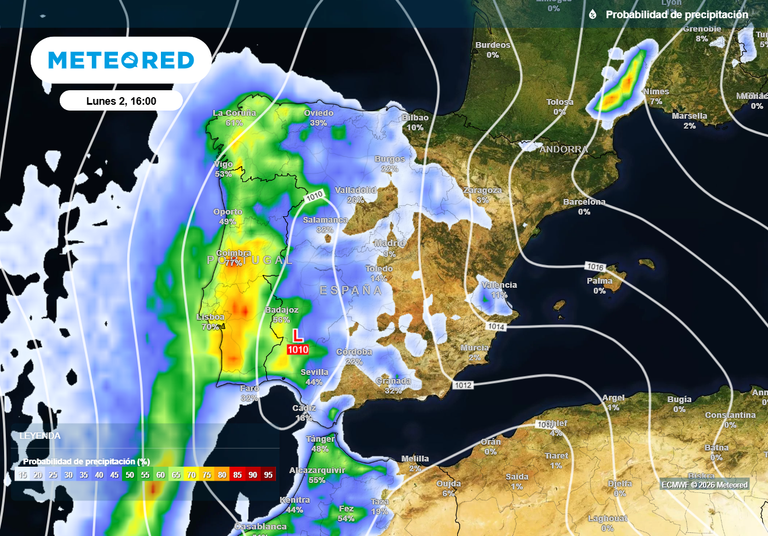 El pr&oacute;ximo frente con lluvias y tormentas llegar&aacute; el lunes a partir de las 06 horas a estas zonas de Espa&ntilde;a