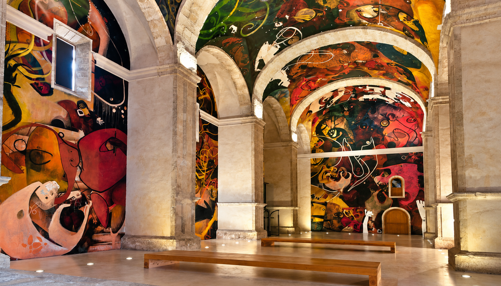 La antigua iglesia de San Juan Bautista alberga más de 1.500 metros cuadrados de pinturas murales del artista Jesús Mateo.