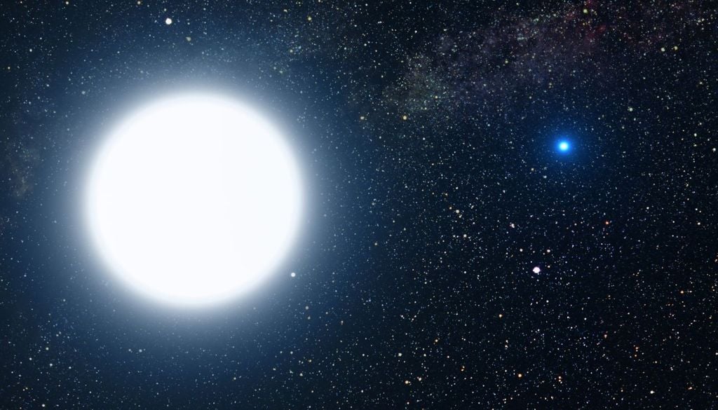 Representación artística que muestra cómo el sistema estelar binario de Sirio A y su diminuta compañera azul, Sirio B, podría verse para un visitante interestelar (Fuente: NASA).