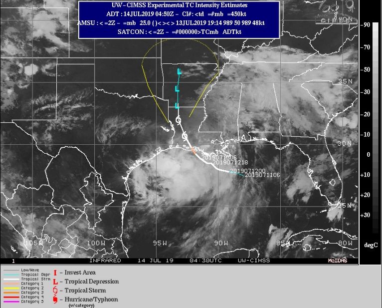 Imagen infrarroja de Barry para el día 14 de julio de 2019 a las 04:30 UTC con la trayectoria pasada y futura, al ser nombrado por el CNH. CIMSS Imagen infrarroja de Barry para el día 14 de julio de 2019 a las 04:30 UTC con la trayectoria pasada y futura, al ser nombrado por el CNH. CIMSS