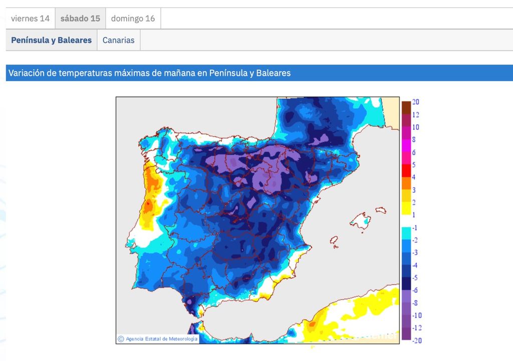 Variación de temperatura máxima prevista por la AEMET entre hoy viernes y mañana sábado.