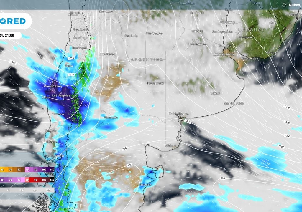Situación meteorologica Las lluvias en cordillera superaron los 100 mm especialmente sobre sectores de Río Negro yNeuquén. En el mapa vamos la situación al inicio del jueves cuando el frente avanzaba hacia el norte generando condiciones para la ocurrencia de zonda intenso sobre Cuyo.