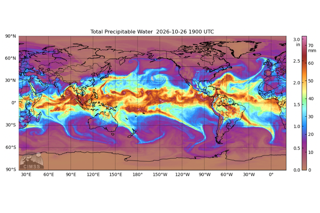 Ríos atmosféricos Los ríos atmosféricos transportan grandes cantidades de vapor de agua desde los trópicos hacia los extratrópicos. Un río atmosférico puede estar asociado a más de un ciclón extratropical durante su ciclo de vida. Imagen: MIMIC-TPW.