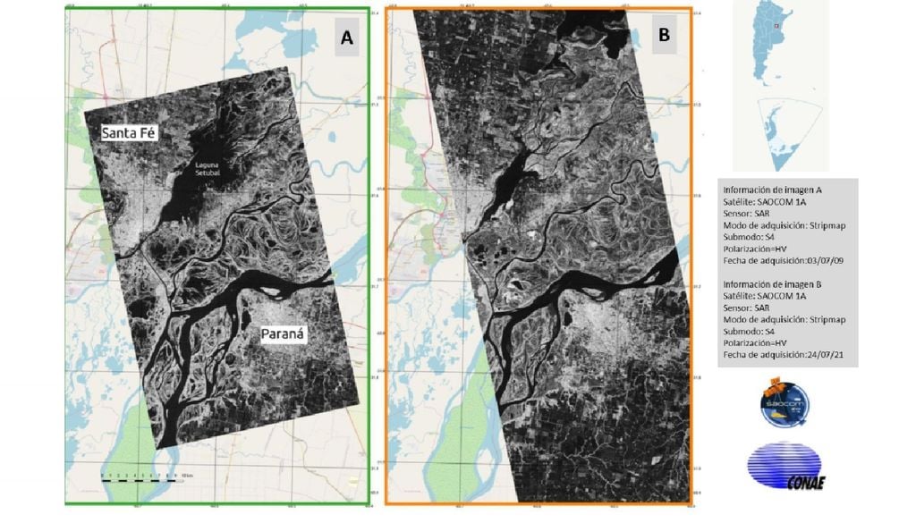 Imágenes del río Paraná en el área de la ciudad de Santa Fe Imágenes del río Paraná en el área de la ciudad de Santa Fe en la sequía de 2021. Fuente CONAE.