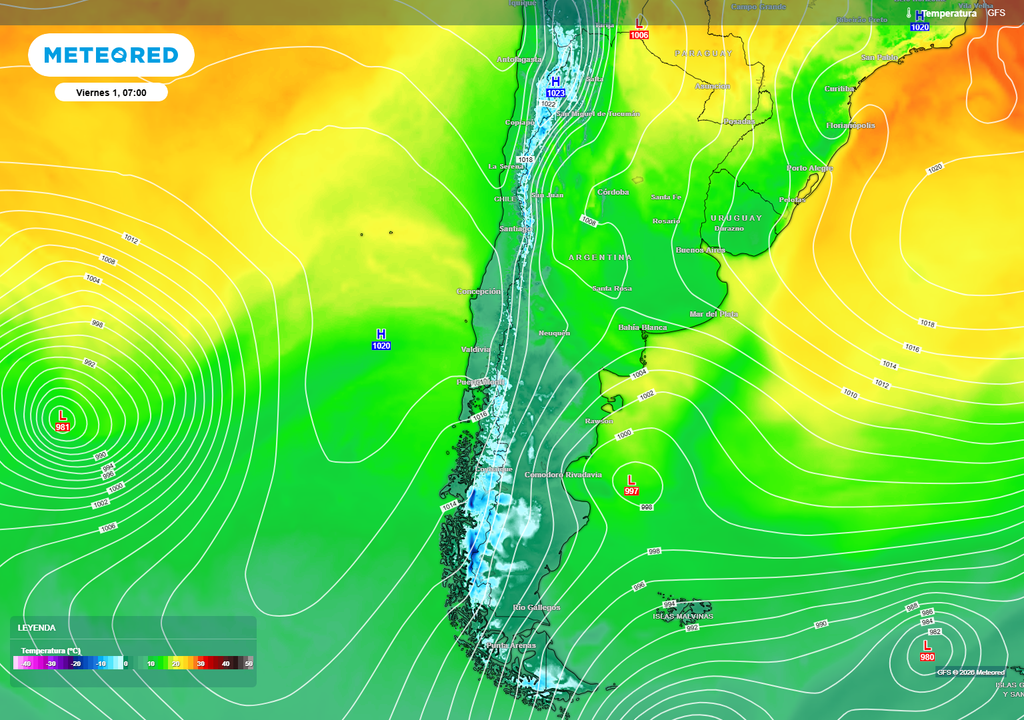 Una gran alta fría estará determinando las condiciones de tiempo sobre Chile en el feriado del día del trabajo.