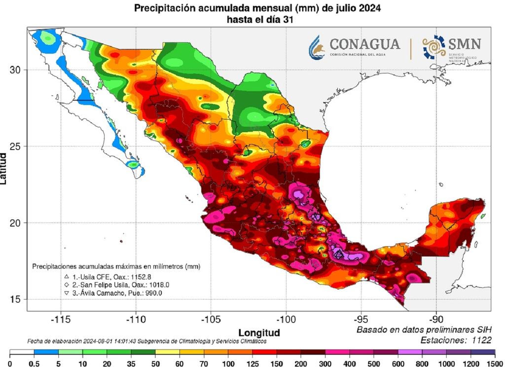 Acumulado de lluvia en milímetros durante julio de 2024
