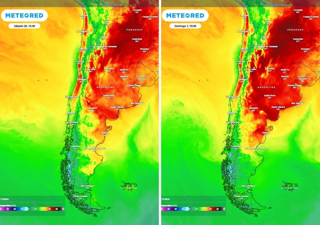 Temperaturas vespertinas previstas para el sábado 28 y domingo 1, respectivamente.