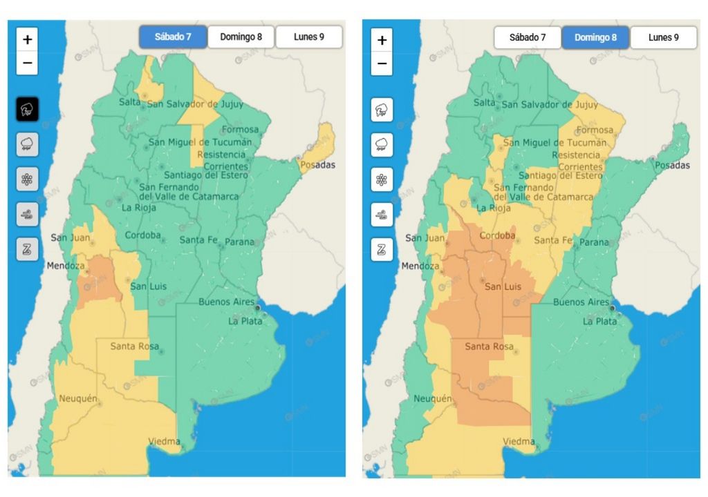 Alerta oficial por tormentas fuertes o severas para el sábado 7 y el domingo 8, según el Servicio Meteorológico Nacional argentino.