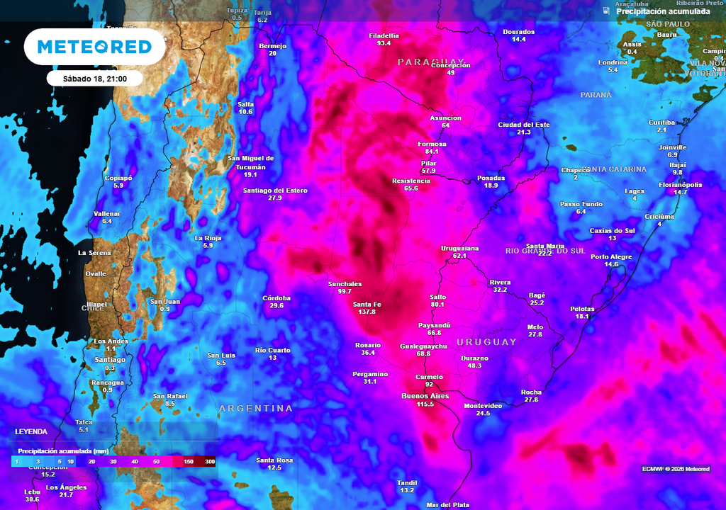 Pronóstico, Clima, Tiempo, Argentina Tormentas, Lluvias, Granizo, Litoral, Inundaciones, Alerta, Precipitaciones, Viento, SMN, Convección, Agropecuario, Corrientes, Entre Ríos, Buenos Aires, Inestabilidad, Severo Acumulados de lluvia previstos hasta el próximo sábado según nuestro modelo de referencia ECMWF