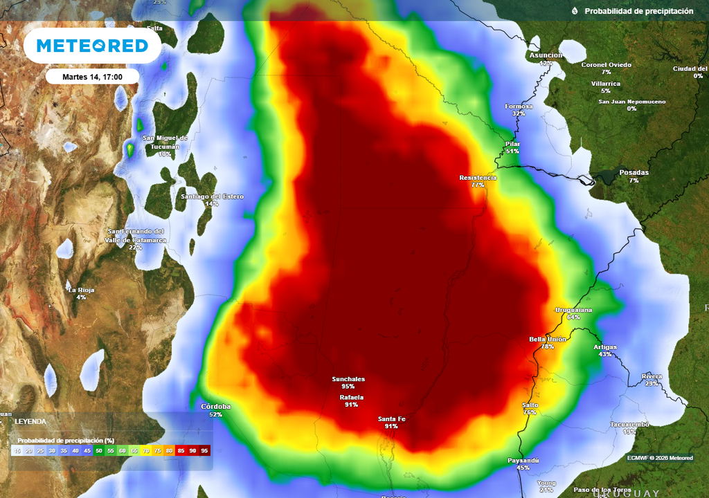 Pronóstico, Clima, Tiempo, Argentina Tormentas, Lluvias, Granizo, Litoral, Inundaciones, Alerta, Precipitaciones, Viento, SMN, Convección, Agropecuario, Corrientes, Entre Ríos, Buenos Aires, Inestabilidad, Severo Probabilidad de precipitaciones durante el próximo martes según mapas propios basados en nuestro modelo de confianza ECMWF