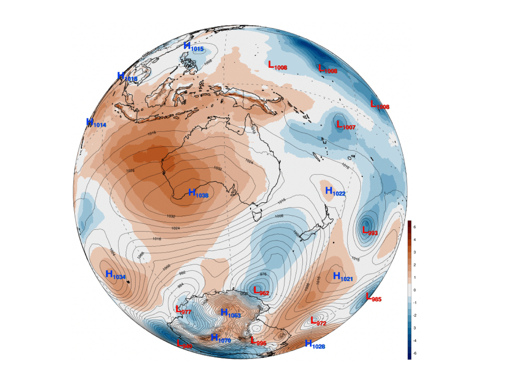 Presión de superficie La atmósfera está respondiendo fuertemente al calentamiento asociado a El Niño. Fuente: Modelo GFS - Climate Reanalyzer.
