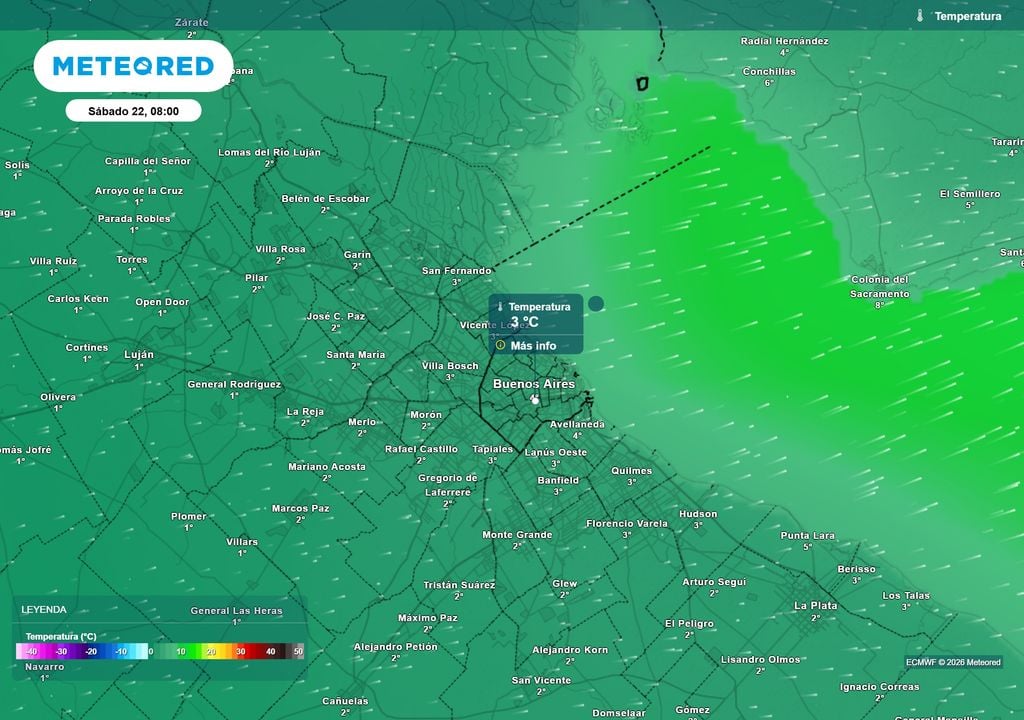 Temperatura Sábado 22 de Agosto a las 8 h. El sábado se esperan 3 º C de temperatura mínima en CABA y el conurbano podría tener heladas.