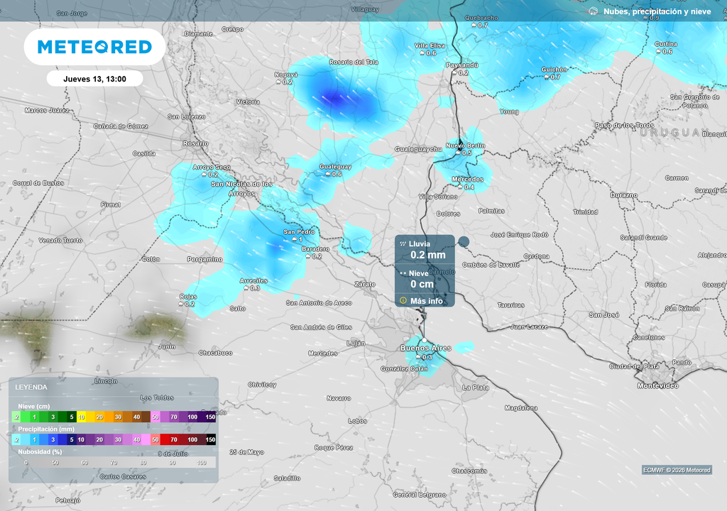 Nubes_ precipitación y nieve__Jueves 13 de Agosto a las 13 h. Si bien toda la semana estará caracterizada por la inestabilidad, el jueves 13 es más probable la ocurrencia de algunas lluvias débiles y aisladas.