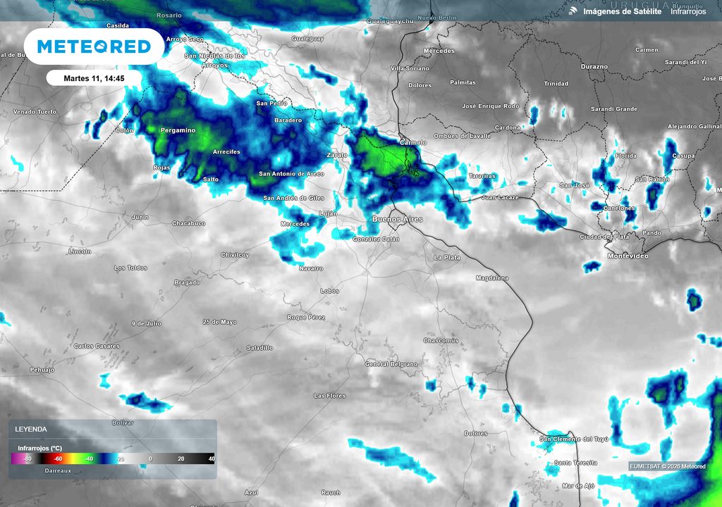 Imágenes de Satélite__Martes 11 de Agosto a las 14_45 Imagen del canal infrarrojo del satélite GOES 19 del Martes 11 de Agosto a las 14:45 hs.