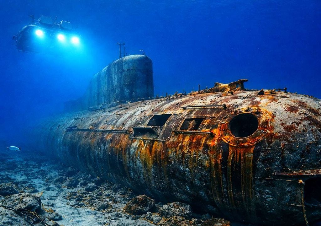 El submarino nuclear soviético Komsomolets permanece hundido desde 1989 en el Atlántico Norte y todavía libera pequeñas cantidades de material radiactivo desde su reactor. Imagen: recreación realizada con IA.