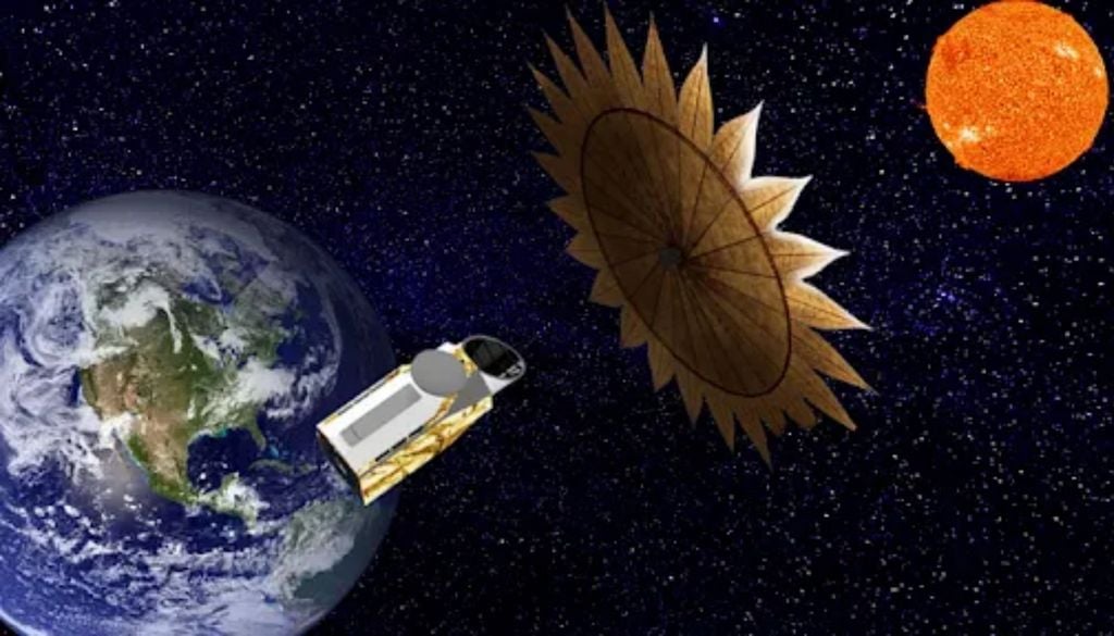 Una ilustración muestra el Telescopio de Mundos Habitables en órbita alrededor de la Tierra con su pantalla solar desplegada. Crédito: NASA/Robert Lea.