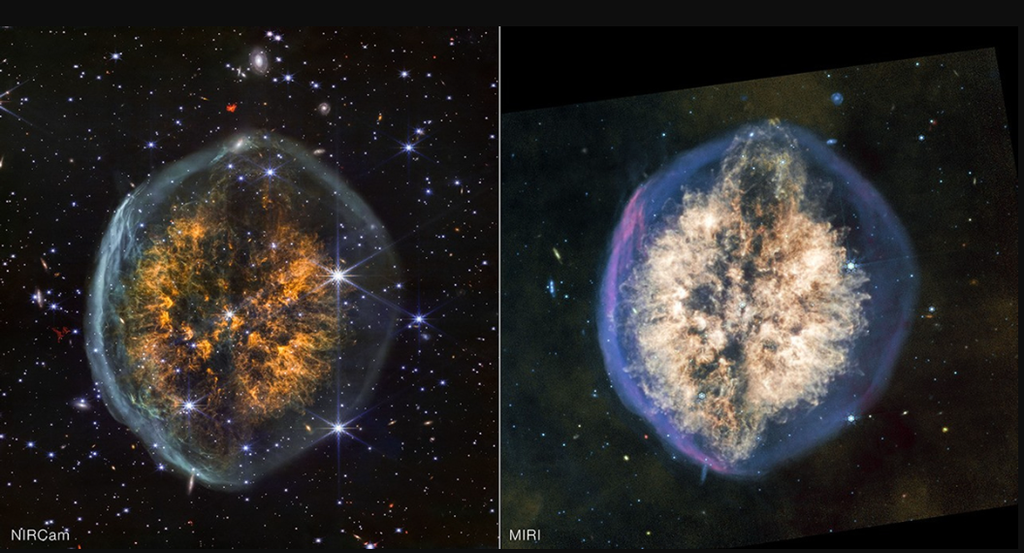 En estas imágenes de la Nebulosa Cráneo se puede ver que los instrumentos del telescopio Webb muestran cosas diferentes. En la imagen tomada con NIRCam se ven más estrellas y galaxias al fondo, mientras que en la imagen tomada con MIRI se ve mejor el polvo espacial, porque brilla más en ese tipo de luz infrarroja. Créditos: NASA, ESA, CSA, STScI; proceso de imágenes: Joseph DePasquale (STScI)