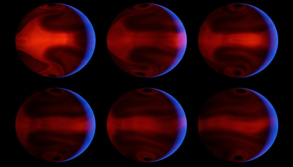 Estas imágenes simuladas muestran la evolución de los fenómenos meteorológicos extremos en el exoplaneta HD 80606b, de órbita muy excéntrica, durante los días posteriores a su máximo acercamiento a su estrella madre. Estas imágenes simuladas muestran la evolución de los fenómenos meteorológicos extremos en el exoplaneta HD 80606b, de órbita muy excéntrica, durante los días posteriores a su máximo acercamiento a su estrella madre. Crédito: NASA/JPL-Caltech/UCSC.
