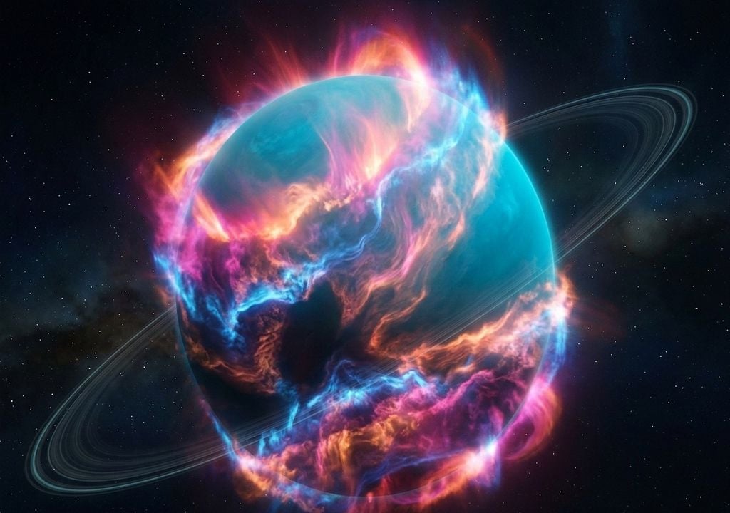 El James Webb radiografía la atmósfera de Urano en 3D y revela cómo su extraño magnetismo deforma el planeta. Un hallazgo histórico que muestra auroras inéditas y el misterioso enfriamiento de este gigante helado. Imagen: simulación realizada con IA.