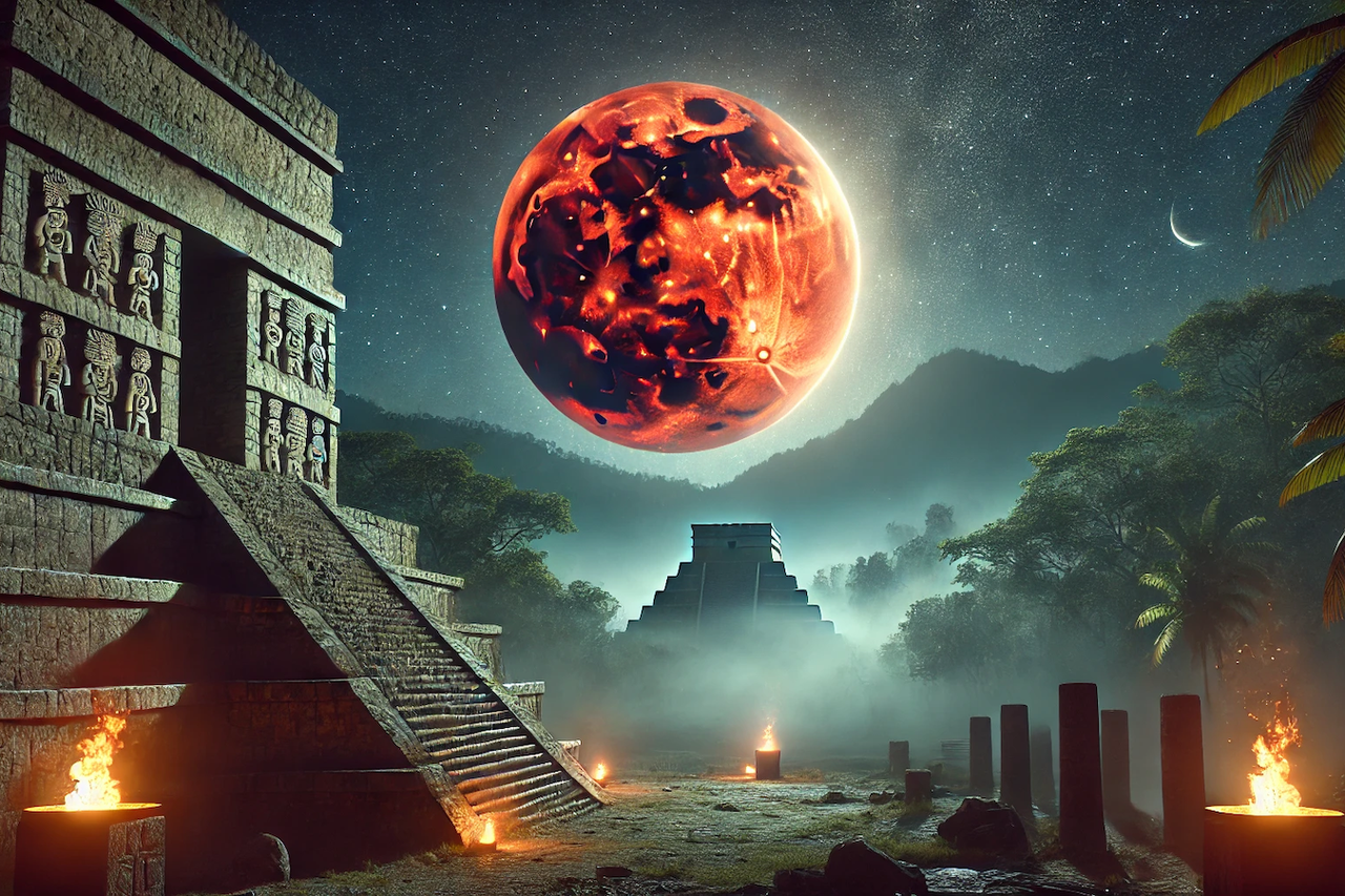 Concepción artística de un eclipse lunar total en un sitió arqueológico maya. Crédito: Zeus Valtierra / Dall-e