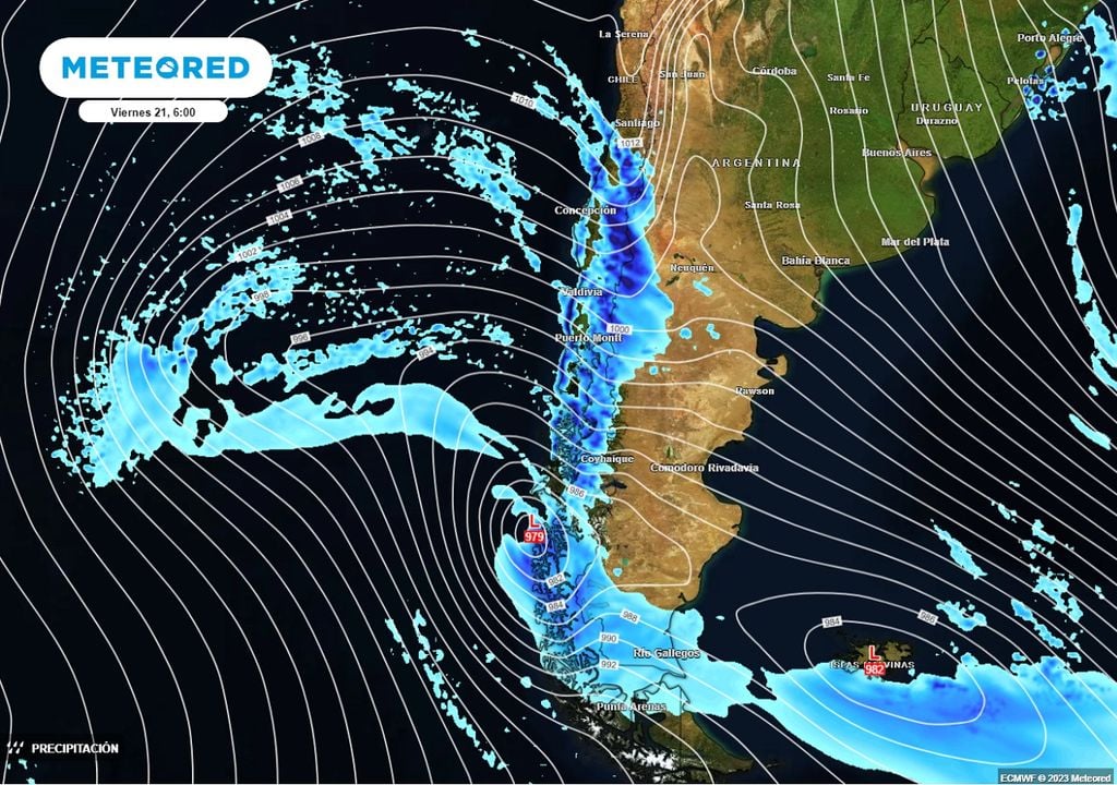 imagen que muestra la precipitación prevista por el modelo del ECMWF a lo largo de Chile