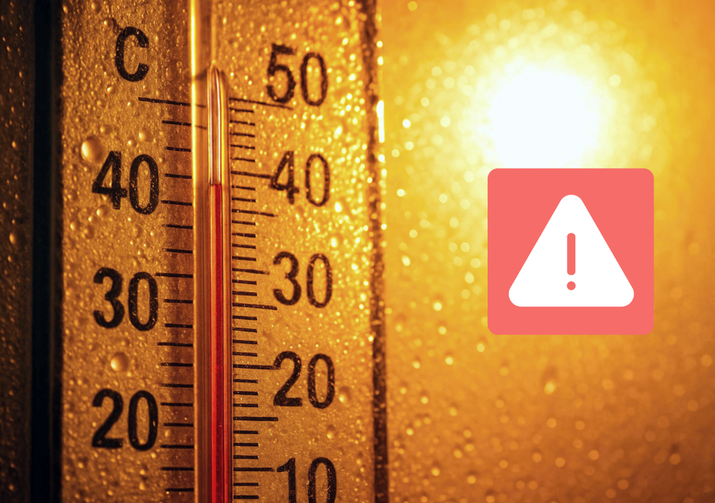 termómetro marcando casi 40 ºC y un símbolo de advertencia rojo