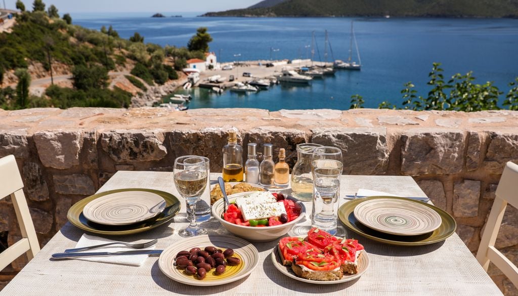 Disfrutar de la gastronomía griega en una terraza con vistas al mar es uno de los mayores placeres de visitar Lindos.