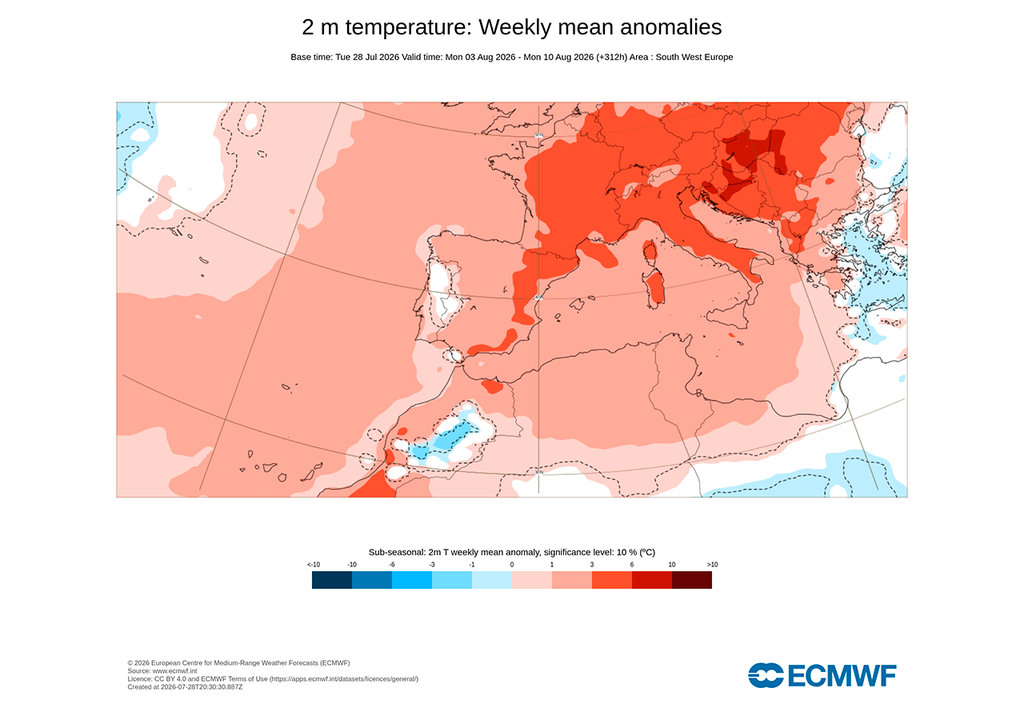 Agosto empezará con temperaturas muy altas en la vertiente mediterránea, con anomalías positivas significativas y que se extenderán a otras zonas de Europa.