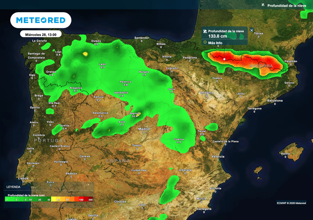 Profundidad de la nieve prevista en la tarde del miércoles: la nevada saltará a zonas llanas del noroeste el miércoles.
