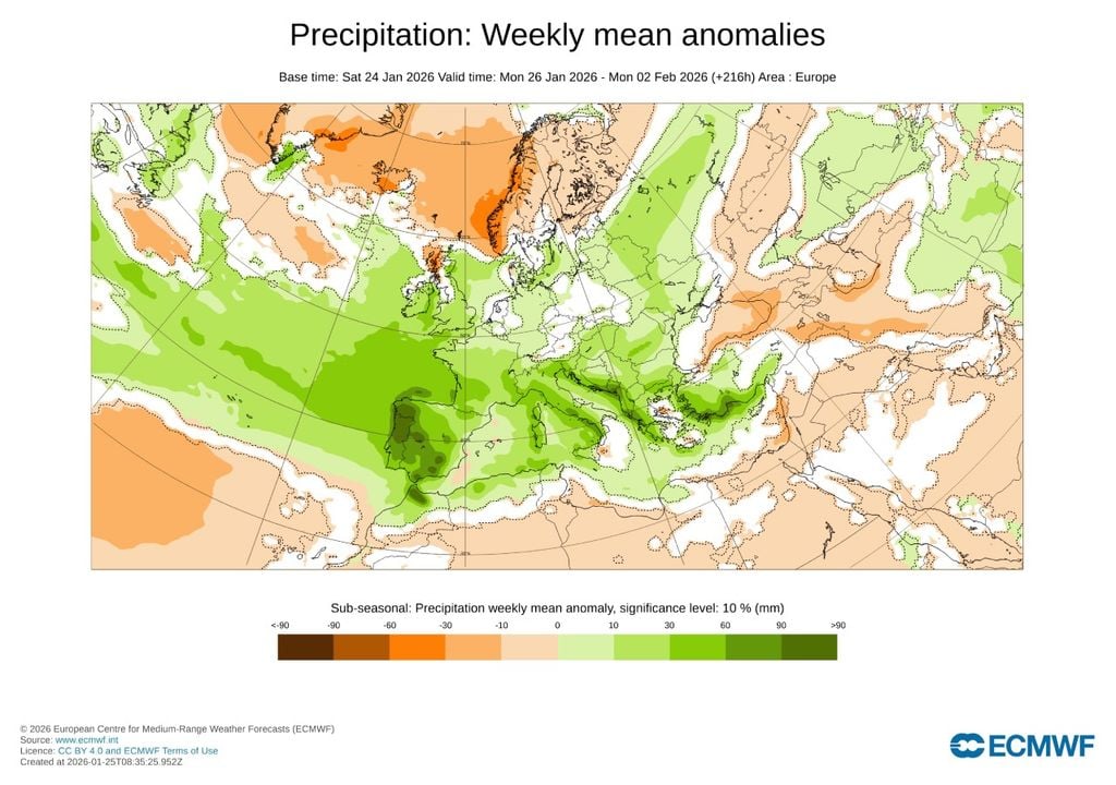 Anomalías de precipitación previstas por el modelo europeo para la semana que viene en Europa.