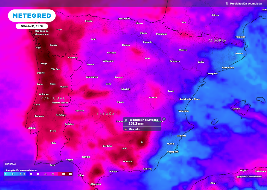 Los colores magenta representan acumulados de lluvia cercanos a los 200 l/m2. En algunos casos se prevén superiores, y esto hasta la noche del viernes.