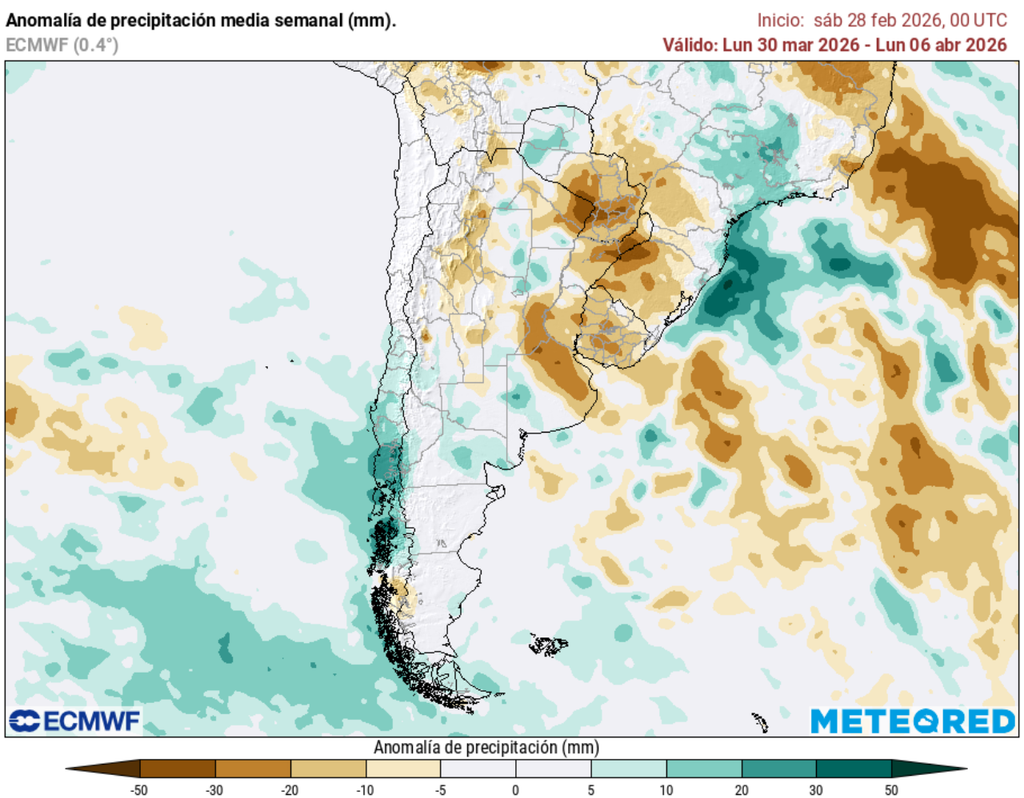 Mapa de anomalía de precipitación media semanal,proyecta lluvias por sobre lo normal en sectores desde la zona central hasta la Patagonia, para el período entre el 30 de marzo y el 6 de abril, según el modelo ECMWF.