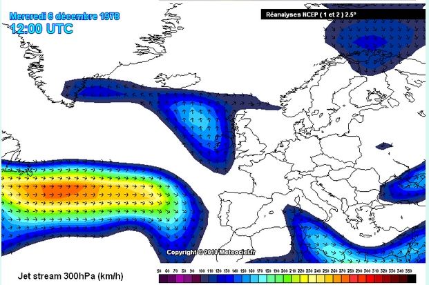 Foto 2: Ídem que el caso anterior pero para la corriente en chorro a 300 hPa en km/h. Observar la intensa corriente en chorro en el flanco sur de la borrasca atlántica. Foto 2: Ídem que el caso anterior pero para la corriente en chorro a 300 hPa en km/h. Observar la intensa corriente en chorro en el flanco sur de la borrasca atlántica.