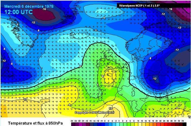 Foto 3: Ídem que el caso anterior pero para las temperaturas en 850 hPa. Nótese la irrupción de aire cálido y posiblemente húmedo de componente sur-suroeste en Península, y algo más fresco en Baleares para dicho nivel. El foehn tuvo que afectar a la costa cantábrica. Foto 3: Ídem que el caso anterior pero para las temperaturas en 850 hPa. Nótese la irrupción de aire cálido y posiblemente húmedo de componente sur-suroeste en Península, y algo más fresco en Baleares para dicho nivel. El foehn tuvo que afectar a la costa cantábrica.