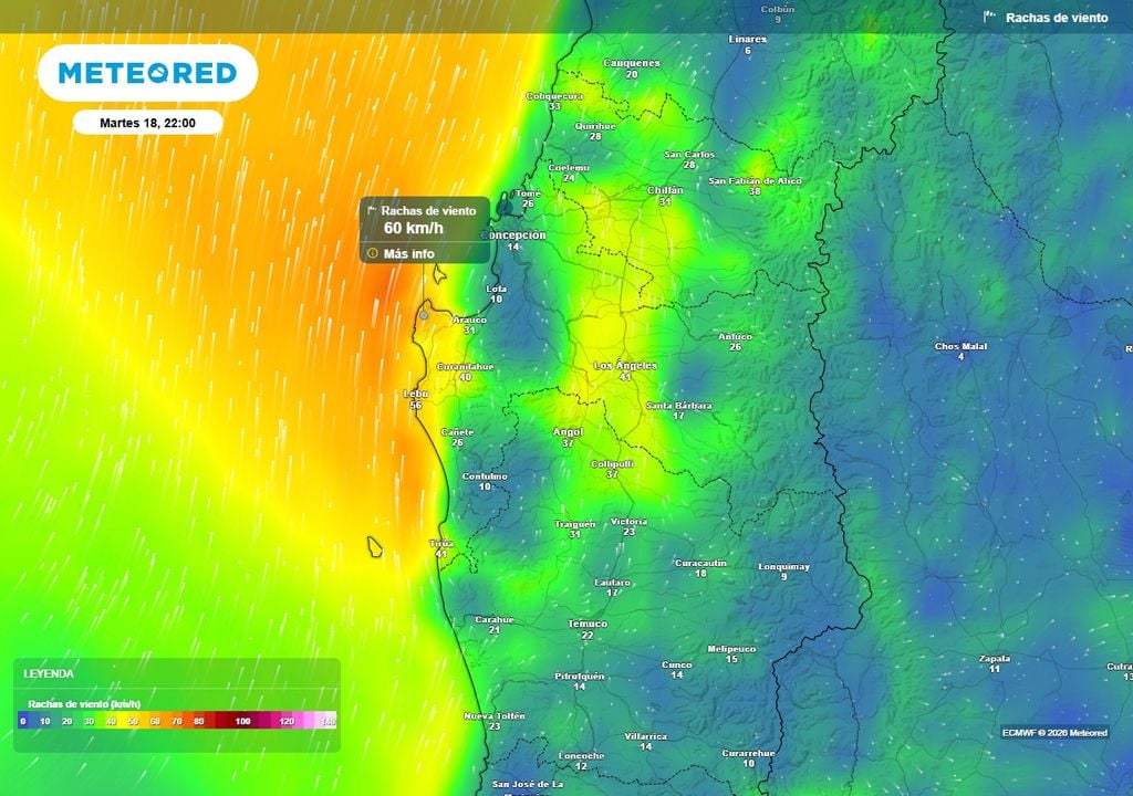 Meteored pronostica que el martes 18 será extremo en Chile centro-sur Rachas de viento (km/h) para la noche del martes (18) en las regiones de Ñuble, Biobío y La Araucanía.