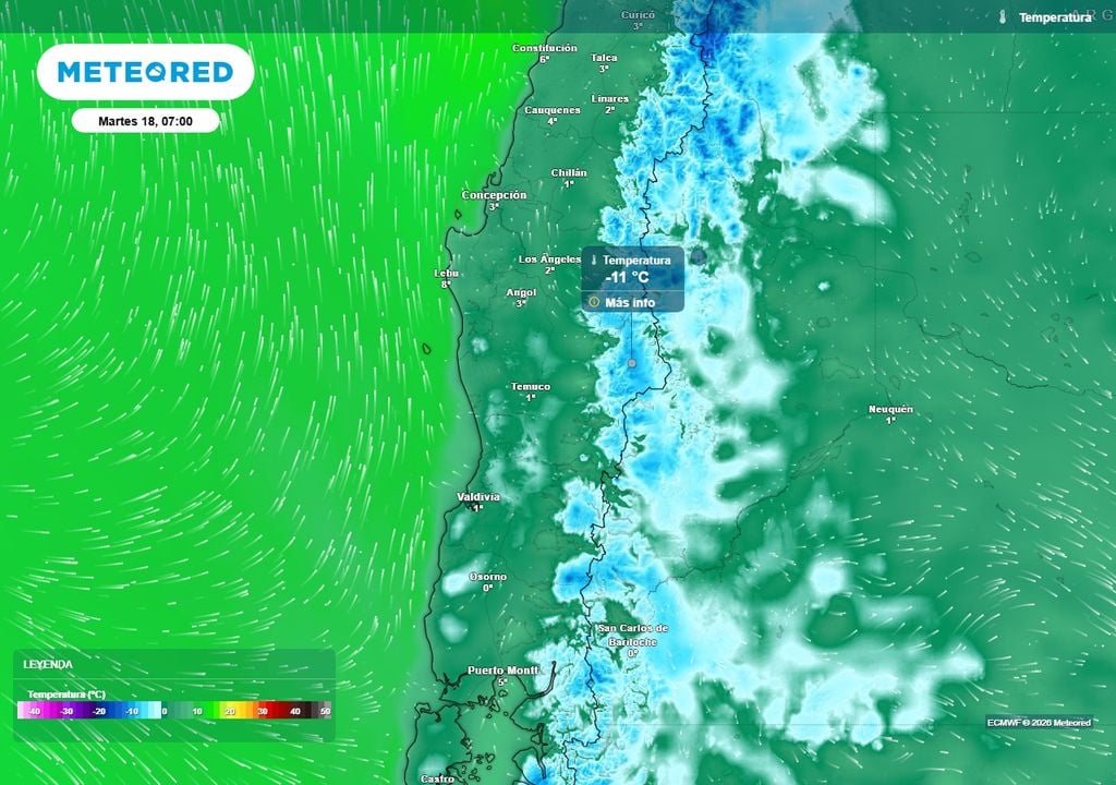 Meteored pronostica helada matinal para el martes (18) en Chile centro-sur Temperatura mínima (°C) para el martes (18) en el centro-sur de Chile.