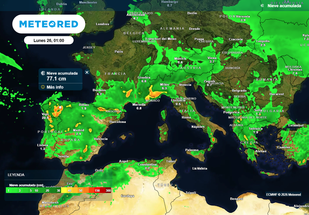 También las nevadas serán protagonistas en el sur de Europa en los próximos días, debido a que las borrascas circularán bastante al sur.